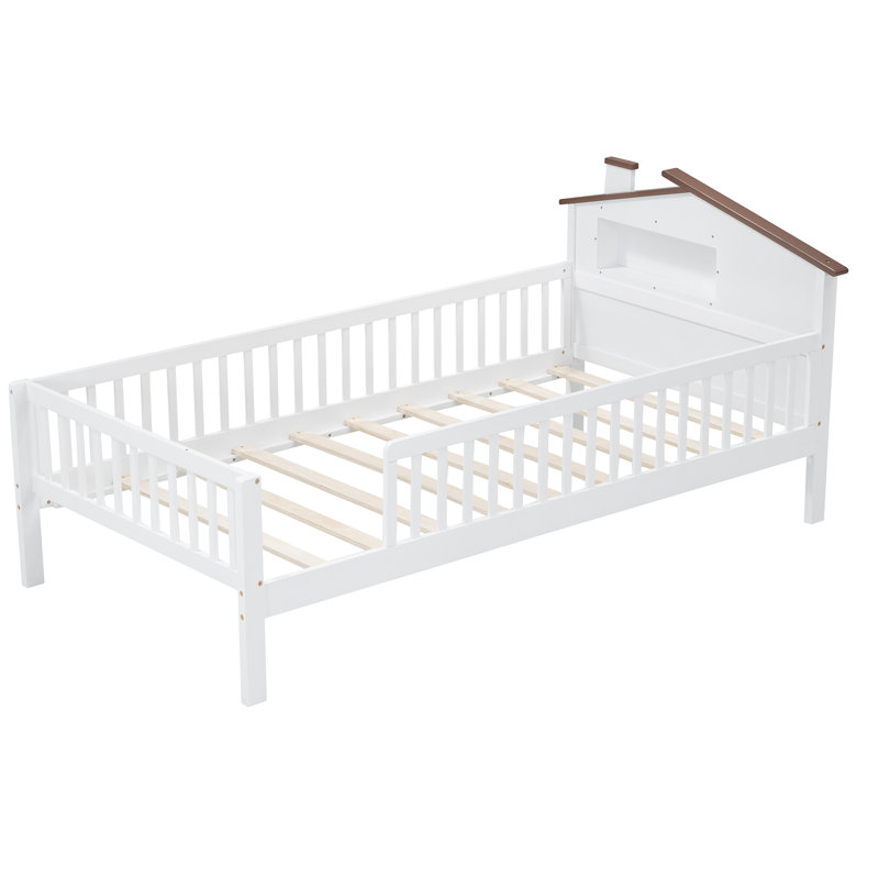 Wood Platform Bed with House-shaped Headboard, LED and Built-in Storage, Twin, White