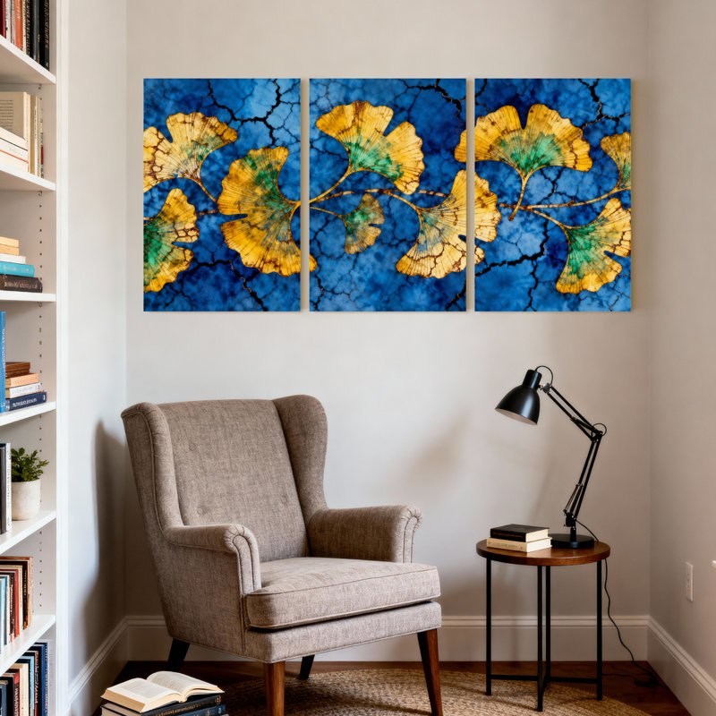 Motif de feuille de ginkgo sur fond bleu craquelé, reproduction d'art sur toile (ensemble de 3), H 36 po x l 72 po