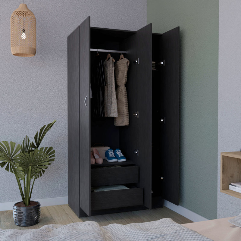 Armoire-penderie avec 3 portes, 2 tiroirs et 4 tablettes à 4 niveaux, Noir