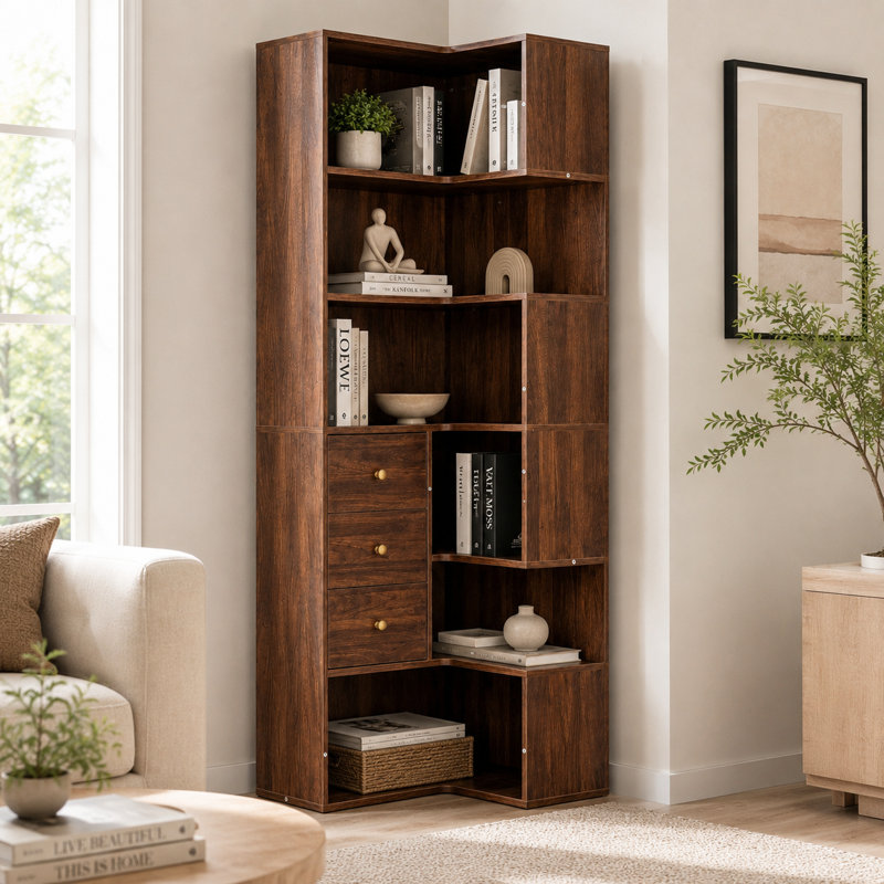 Bibliothèque en coin Chambaud en L avec 6 tablettes ouvertes et 3 tiroirs