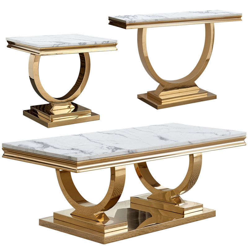 Ensemble de 3 tables de salon (ensemble de 3), Blanc, Doré