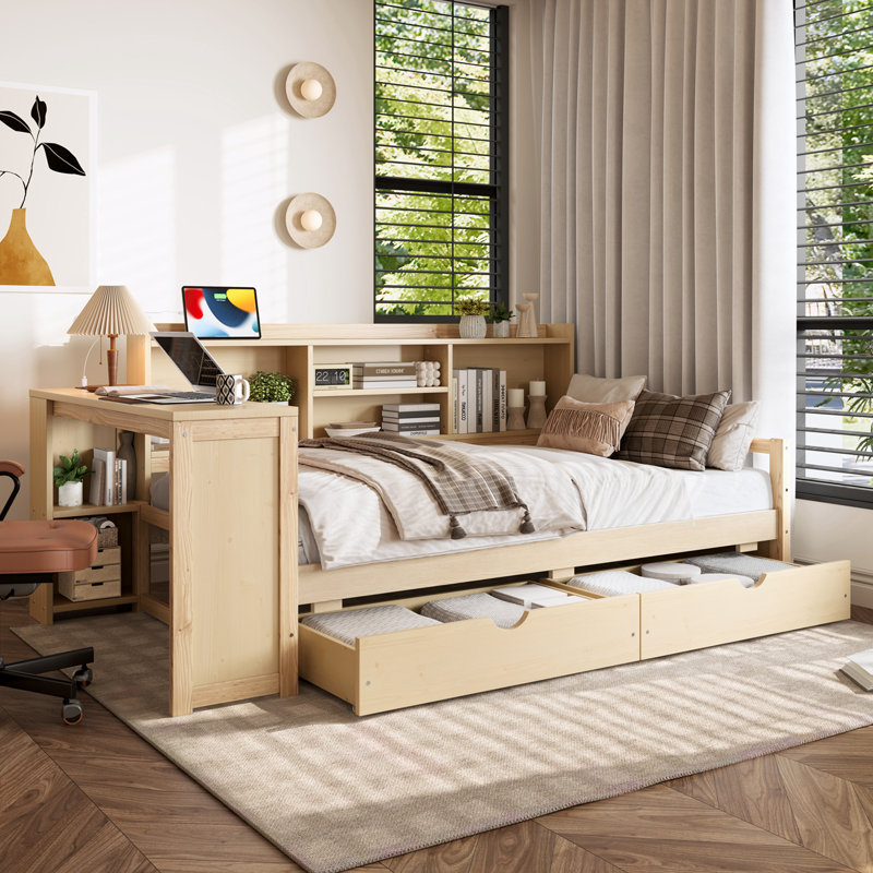 Twin Size Corner Joann with Storage Drawers, Desk, Charging Port and Bookcase, Natural