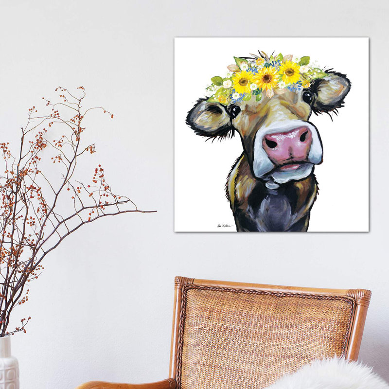 Hazel the Cow with Sunflower Flower Crown 1 Piece Wrapped Canvas Painting, 45.72 cm H x 45.72 cm W x 3.175 cm D