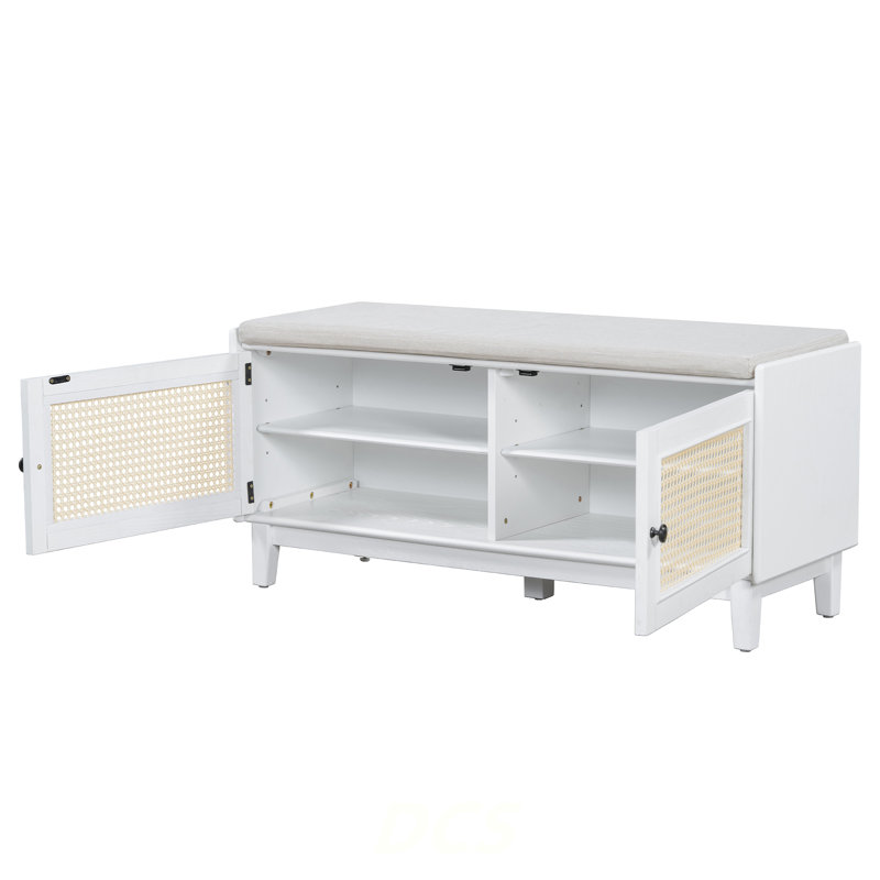 Boho Rattan Entryway Bench With Storage, Cushioned Shoe Bench With Double Doors, Wooden Shoe Organizer Bench For Entryway And Hallway (White+Beige ), Shoe Storage