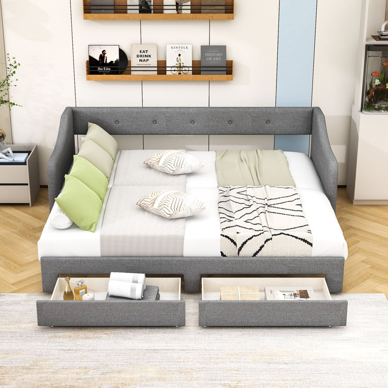 Twin XL Two Drawers Upholstered Daybed with Slats, Gray