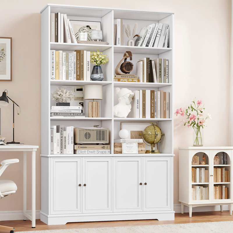 72.8" H x 47.2" W Mid-Century Modern Wood Bookcase with 4 Doors, Double Row Library Storage, White