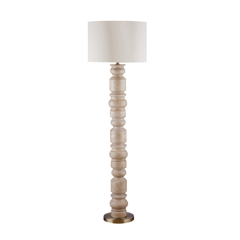 Helford Carved Wood Floor Lamp with White Drum Shade, Elegant Design