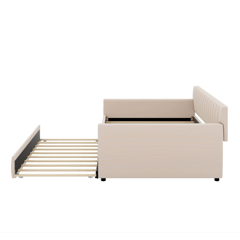 Full Size Upholstered Daybed With Trundle, Beige