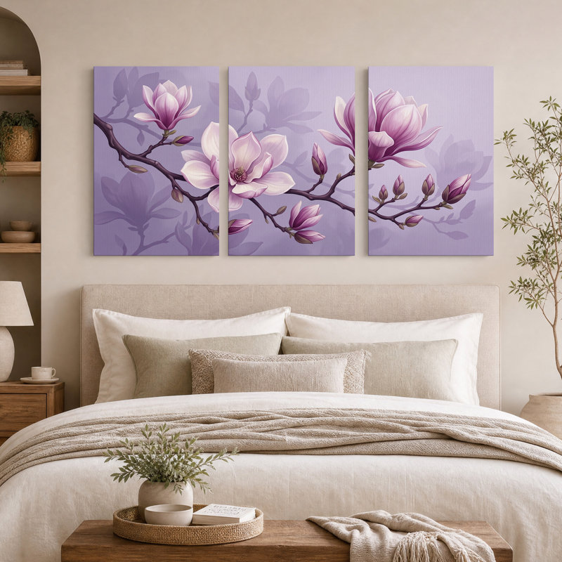 Ensemble de 3 toiles murales représentant des fleurs de magnolia roses et violettes sur une branche, 36"H x 24"W x 3pcs