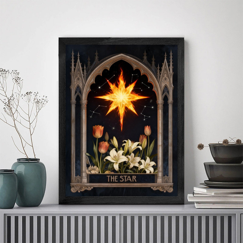 Art mural noir encadré noir Tarot The Star - Mystical Boho Spiritual Decor, H 11 po x l 9 po