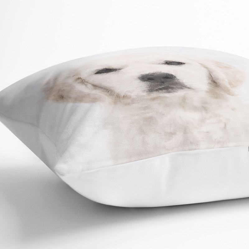 Golden Retriever Puppy Painting Cushion with Filling, White, 55cm H x 55cm W x 20cm D