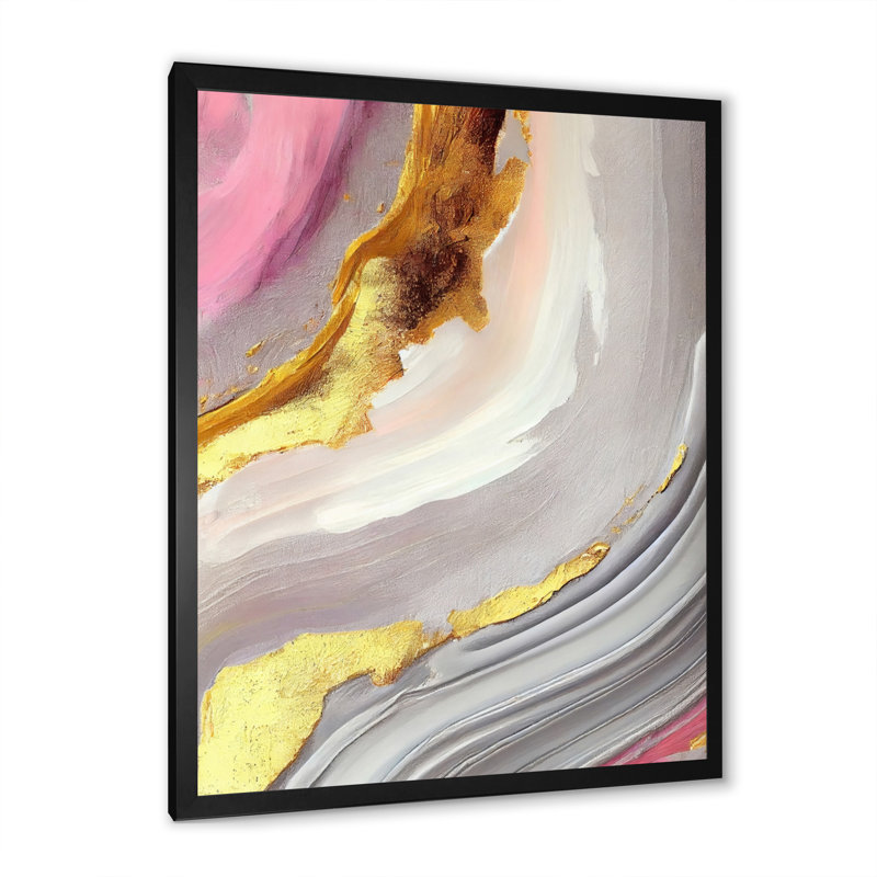 Rose et marbre doré abstrait VII - peinture sur toile, H 40 po x l 30 po x P 1,5 po, Impression noire sur toile encadrée