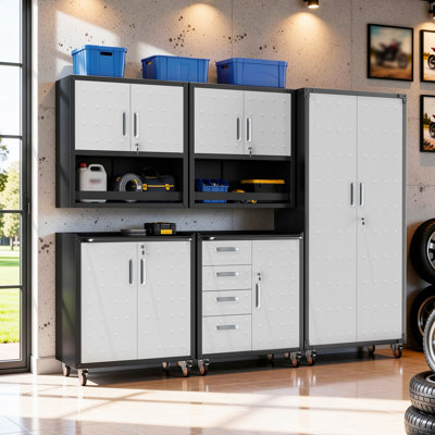 5-Piece Garage Storage Systems Set, Metal Garage Storage Cabinets with Wheels, 2 Wall Mounted Cabinets + Rolling Cabinets + Tall Pegboard Cabinet, Lockable Tool Chest Organizer