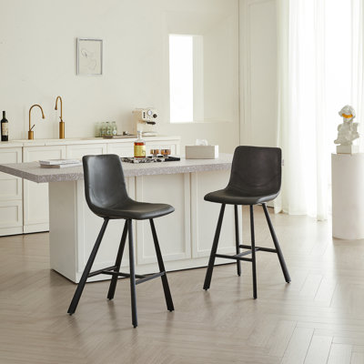 Tabouret de bar moderne en similicuir noir avec dossier et repose-pieds ergonomiques - Structure robuste en métal à hauteur de comptoir pour îlot de cuisine, pub et restaurant