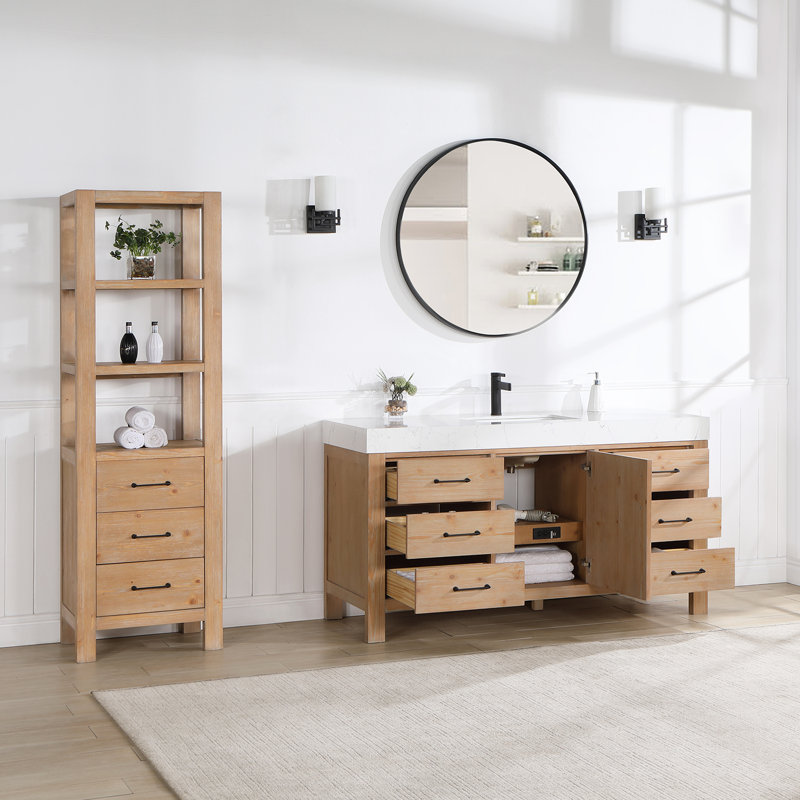  Ensemble de meuble-lavabo simple 60 "avec miroir 60", Noir mat, Brun, Blanc