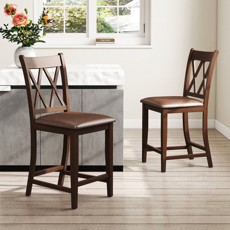 Tabouret de bar et de comptoir en X avec dossier en X, Siège brun / cadre brun