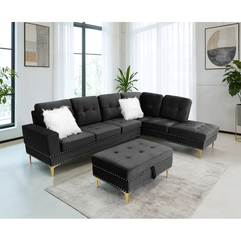 Canapé modulaire rembourré en L avec table cachée, Noir, Non
