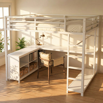 Lit mezzanine double en métal avec bureau en forme de L et garde-robe l 56,6 po x P 76,7 po x H 68,8 po Bonwell