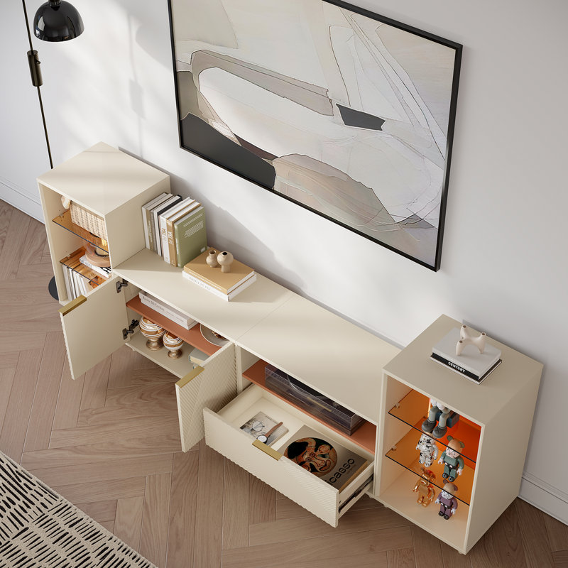 Meuble télé moderne avec rangement, Beige, H 19,7 po x L 88,6 po x l 15,8 po