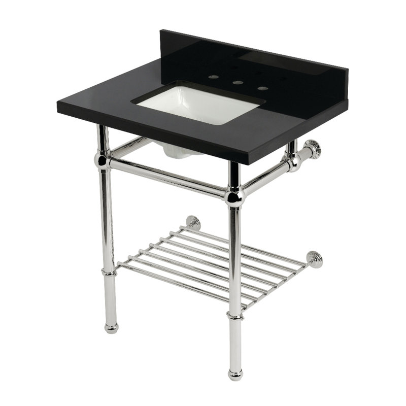 Kingston Brass Templeton 30-Inch Black Granite Console Sink with Brass Legs and Shelf (8-Inch, 3-Hole)