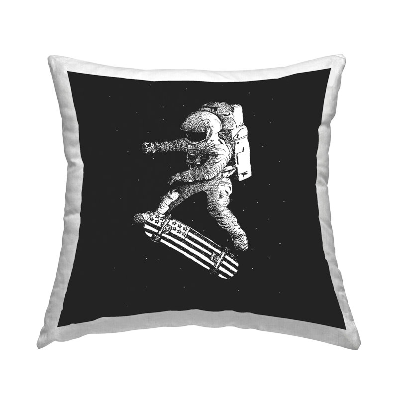 Skateboarding Astronaut on Black Decorative Printed Throw Pillow by Robert Farkas