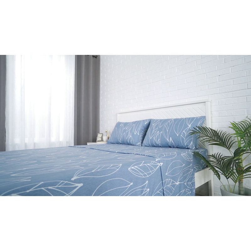 Twin Blue Microfiber Modern Foliage Print Sheet Set