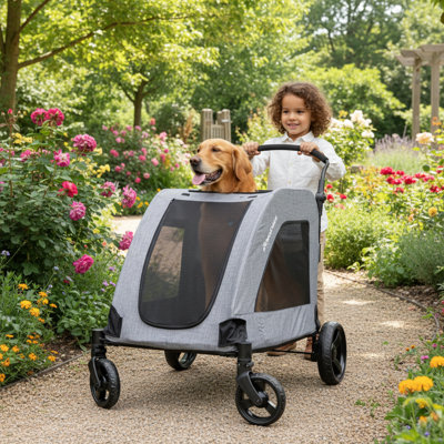 Extra Large Dog Stroller - Adjustable Handles, Lightweight Folding Pet Stroller, All-Terrain 4 Wheel For 2 Medium Dogs, Dual Entry Safety Dog Stroller, Capacity 160 Lbs, Gray