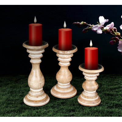 Ensemble de 3 porte-bougies en bois de manguier blanc