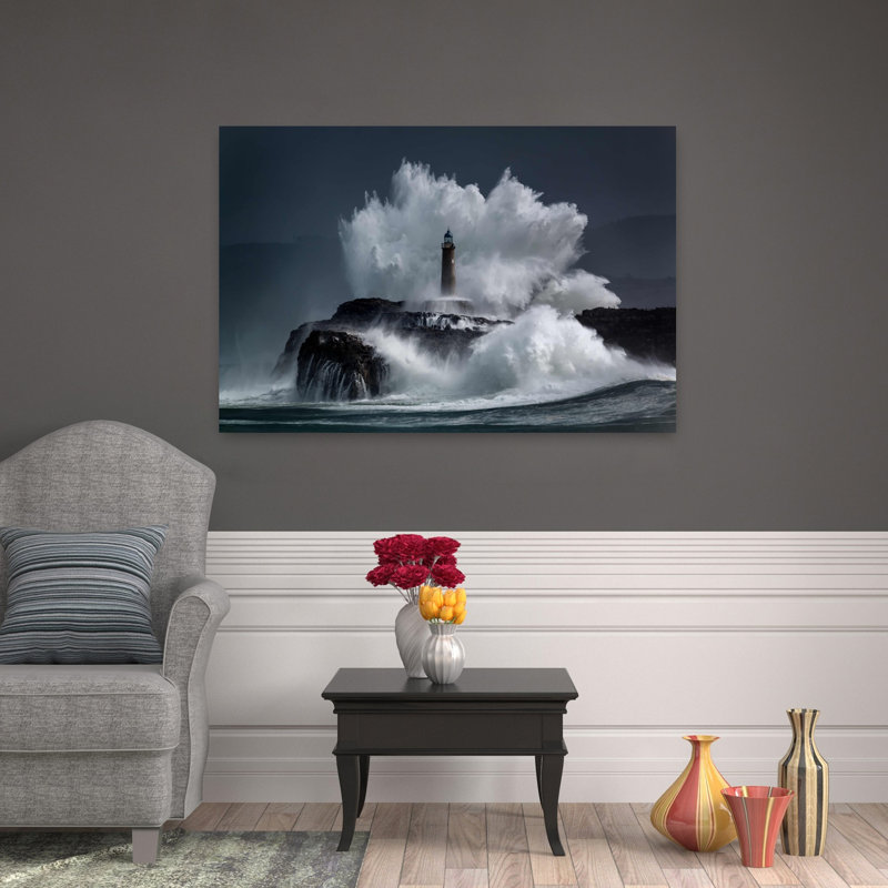 Art contemporain, paysage côtier abstrait dramatique, H 32 po x l 48 po