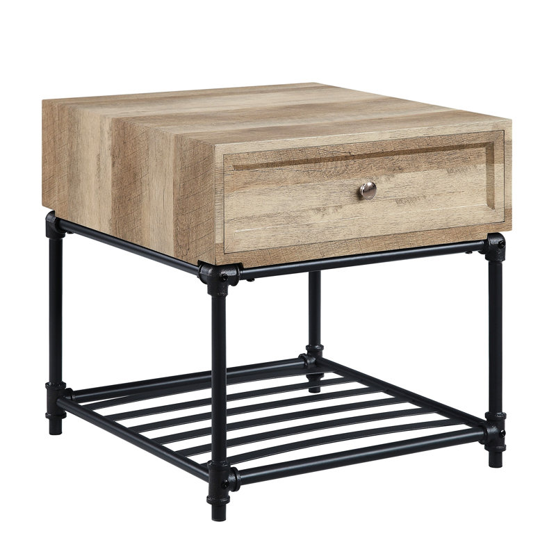 Table d'appoint moderne en chêne et gris sable avec rangement intégrés, élégante et pratique.