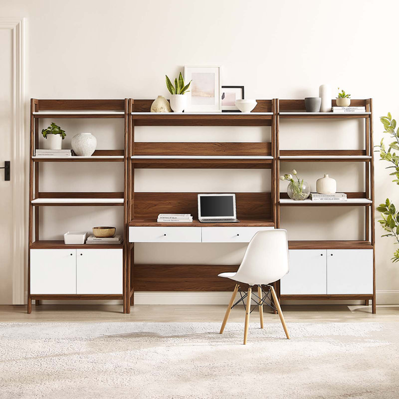 Bureau et bibliothèque en bois 3 pièces Modway Bixby, Noyer/blanc