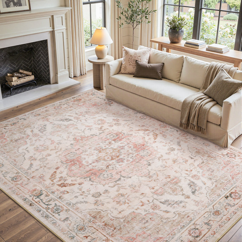 Machine Washable Vintage Floral Soft Blush Area Rug With Non-Slip Backing For Living Room, Bedroom, Rectangle 8' x 10', Pink