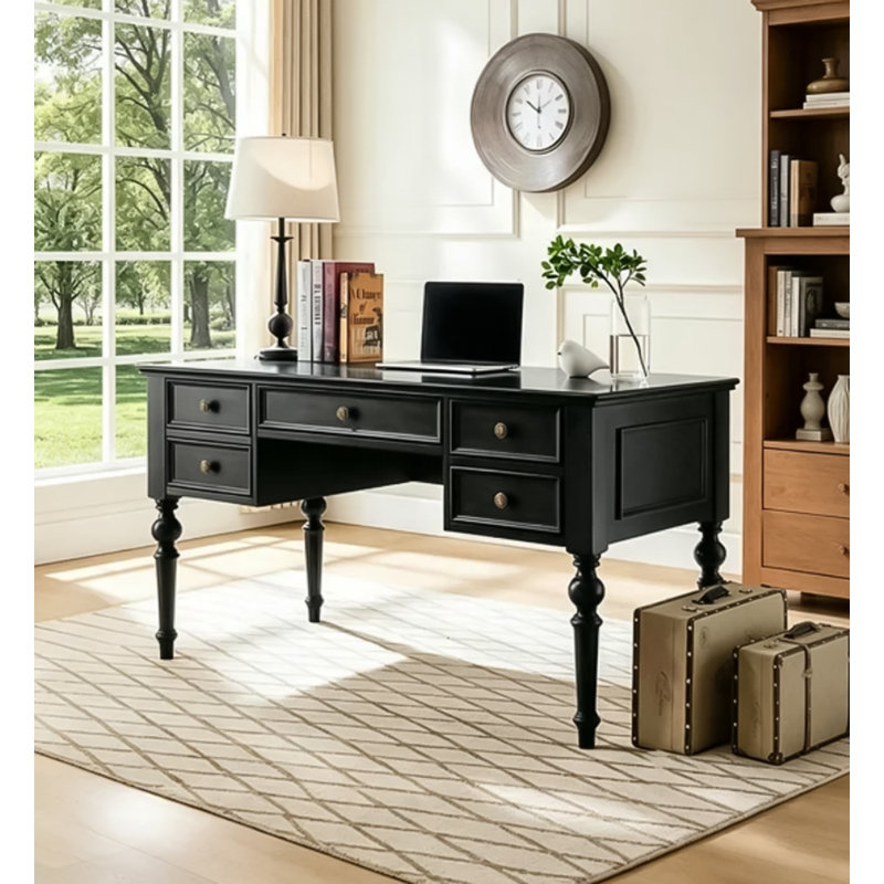 Bureau de style rustique vintage en bois massif avec tiroirs de rangement, table d'écriture à pieds tournés pour bureau à domicile