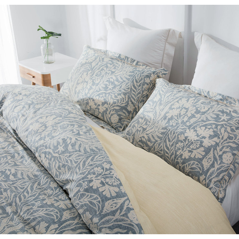 SLEEPBELLA Duvet Cover Twin Size, 600 Thread Count Cotton Beige & Bluish Grey Printed With Luxurious Leaves Pattern Reversible Botanical Comforter Cover Sets, Bedding Set 3Pcs