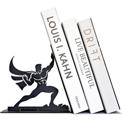 Serre-livres en métal Superhero - Porte-livre robuste de 6,5 pouces avec base antidérapante, support de livre décoratif unique pour la maison ou le bureau, pouvant accueillir de grands livres - noir