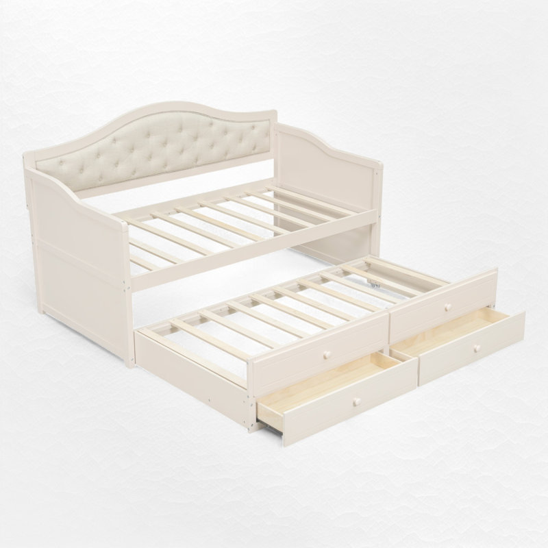 Twin Daybed With Trundle And 2 Drawers, Beige
