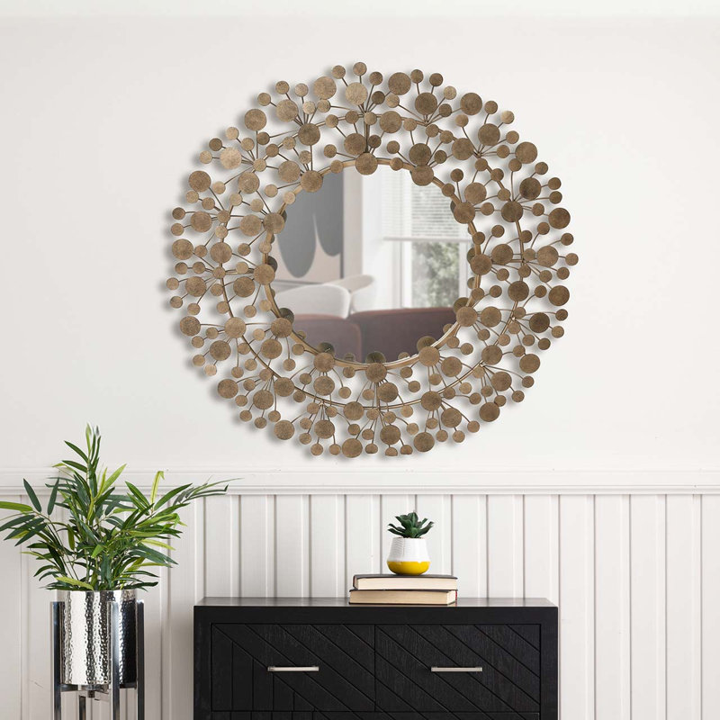 Conring 93.5cm Antique Round Wall Mirror, Iron Frame Wall Mounted Accent Mirror for Living Room