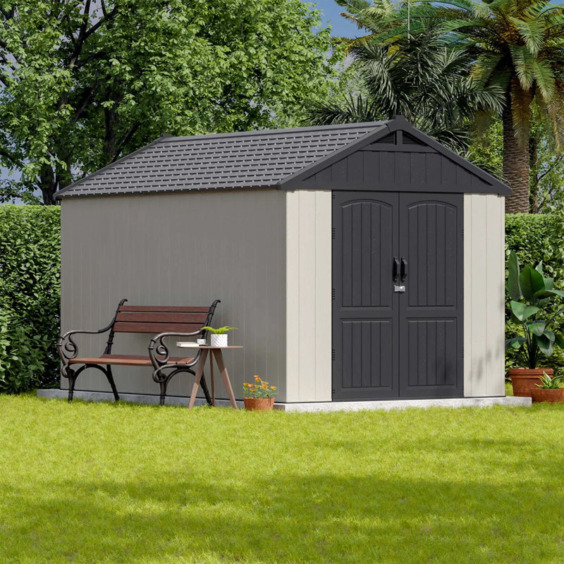 8 Ft. W X 12 Ft. D Plastic Storage Shed With Floor, Resin Shed With Reinforced Steel Structure, Beige