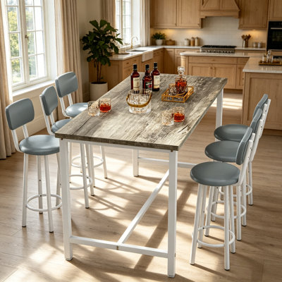 Modern 6-Piece Counter Height Dining Set, Long Rectangular Bar Table with 6 Leather Bar Stools, Weathered Grey Wood Tabletop White Metal Frame Pub Table Set for Home Kitchen & Small Apartment