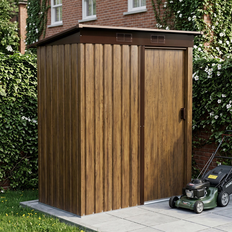 3 x 5FT Outdoor Metal Storage Shed with Lockable Door, Brown Wood Grain
