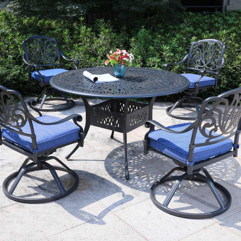 Ensemble de salle à manger rond en aluminium pour 4 personnes avec coussins 48,03 po, Bleu