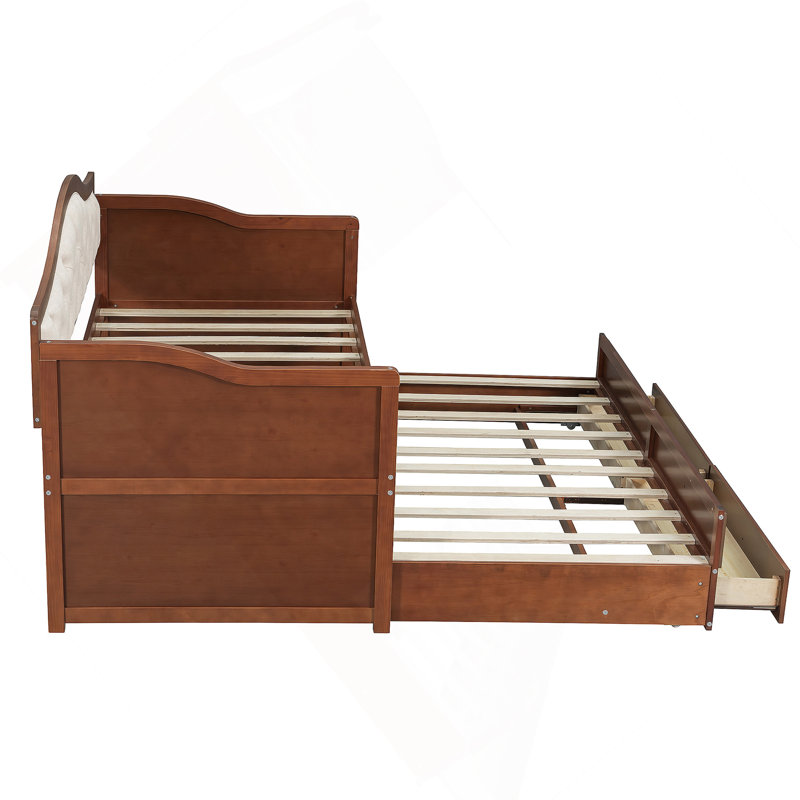 Daybed With Trundle And 2 Storage Drawers, Wooden Daybed With Upholstered Button Tufted Backrest For Living Room, Bedroom, Guest Room