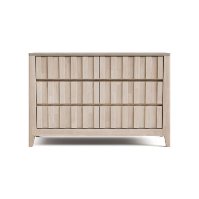 Commode large Vasu, 6 tiroirs de rangement, bois d'hévéa massif blanc délavé