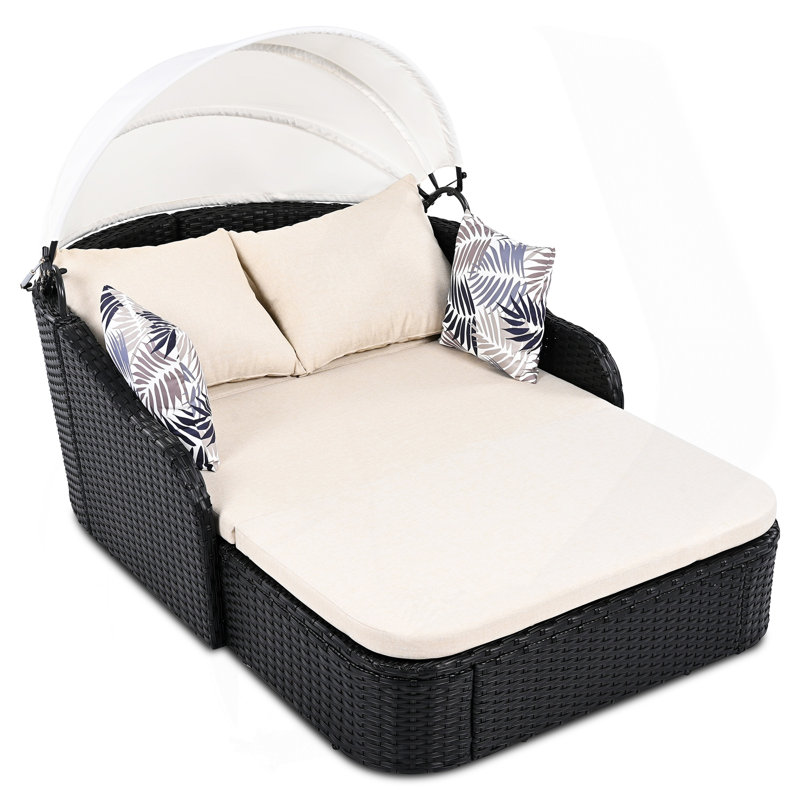 79.9" Outdoor Sunbed With Adjustable Canopy, Double Lounge, PE Rattan Daybed, Black Wicker And Beige Cushion, Beige
