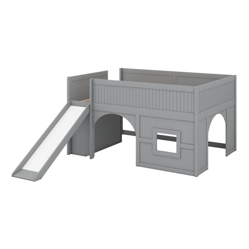 Lit mezzanine bas en bois avec tablettes de rangement et glissade, Gris