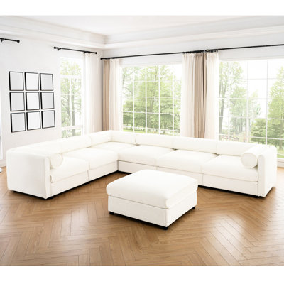Grand modulaire modulaire dans le salon - 6 sièges, chenille blanche, avec rangement et cylindrique et pour un espace confortable de style contemporain ergonomique