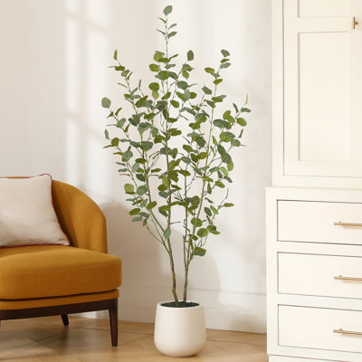Adalia 60" Faux Eucalyptus Tree with Oval White Planter, Pre Potted Artificial Eucalyptus Plant for Home Decor