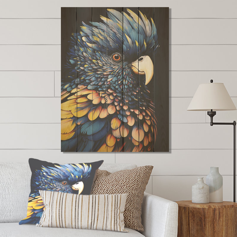 Bleu et jaune à plumes majestueuses, perroquet I - perroquet sur bois, H 44 po x l 34 po