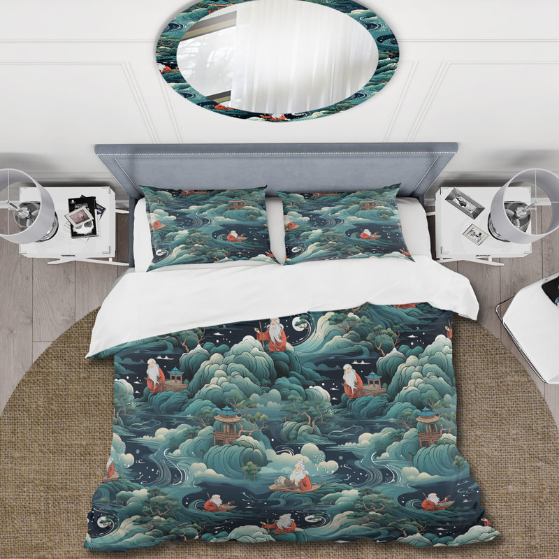 Literie Taoist I, Housse de couette pour grand lit et 2 taies décor
