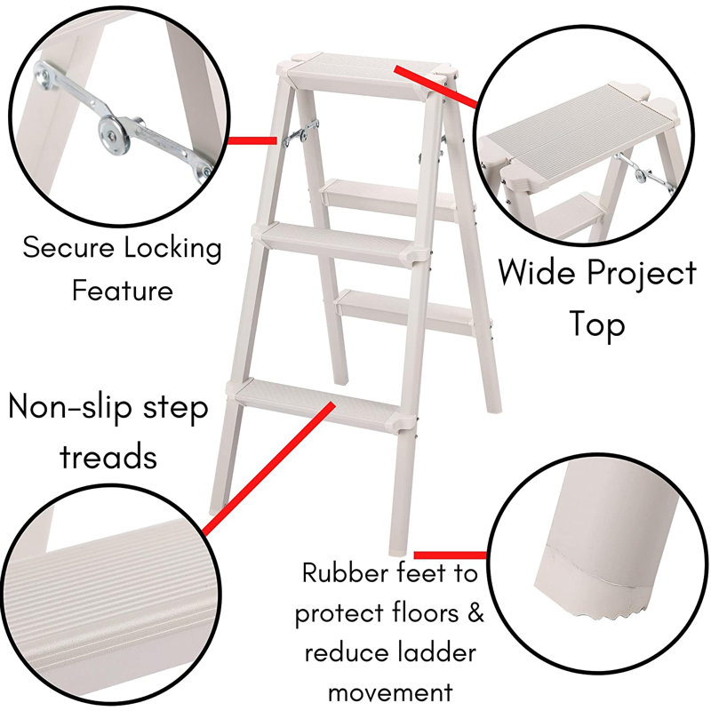 Compact Silver Steel Folding Step Ladder with Anti-Slip Treads